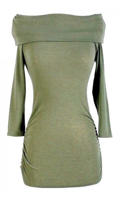 Off Shoulder Sweater in Olive Green